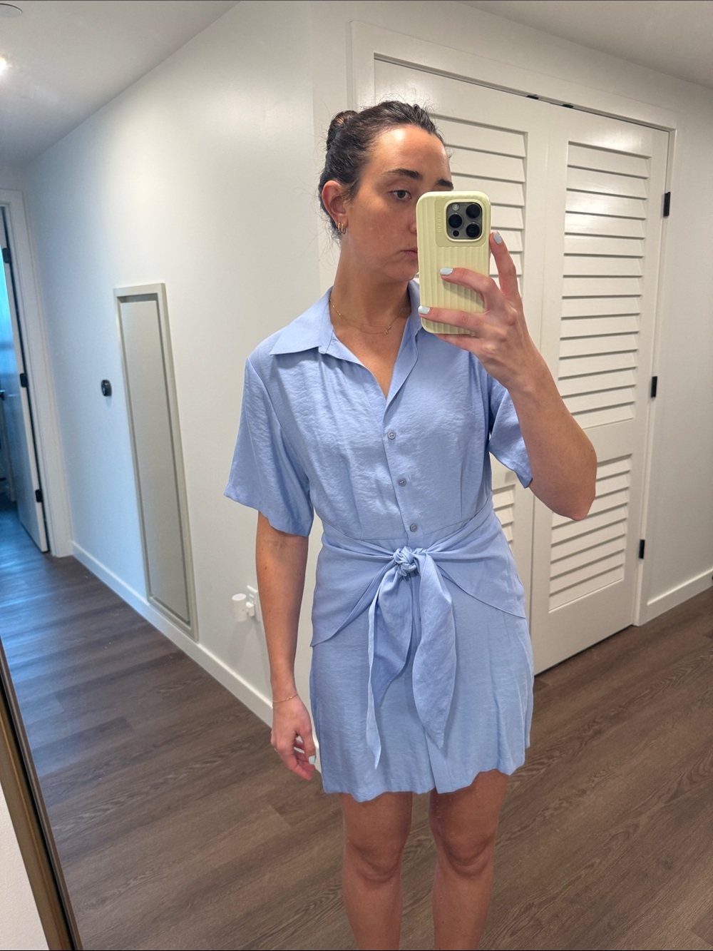 & Other Stories Light Blue Short Sleeve Tie-Waist Mini Dress